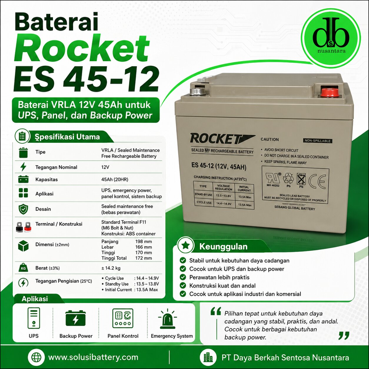 rocket es 45 12 — baterai vrla 12v 45/50ah |sistem rectifier 110vdc rocket es 45 12 — baterai vrla 12v 45/50ah |sistem rectifier 110vdc