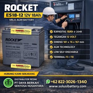 baterai rocket es18 12 12v 18ah vrla agm untuk ups, alarm & solar system