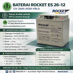 rocket es 26 12 12v 26ah agm vrla – spesifikasi, keunggulan, dan aplikasi untuk ups & sistem energi