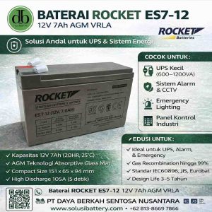 baterai rocket es7 12 12v 7ah agm vrla – spesifikasi & keunggulan untuk ups dan alarm