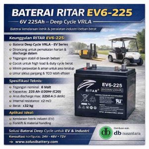 ritar ev6 225 (6v 225ah) – baterai deep cycle vrla untuk kendaraan listrik & peralatan industri