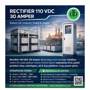 rectifier 110 vdc 30 amper dengan baterai vrla 12v 65ah (9 unit) untuk sistem dc industri